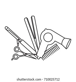 Outline design elements of hairdresser. Set with beauty haircut accessories and equipment. Haircut salon Instrument isolated. Scissors, brushes and devices vector