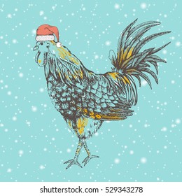 Outline design handmade illustration with rooster. Snowfall. Hand drawn brown cock on beige background. Illustration of vector for your design. Rooster - symbol Chinese New Year 2017