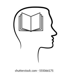 outline design icon with human head, brain and open book. Abstract outline Man head and open book icon. Face profile view