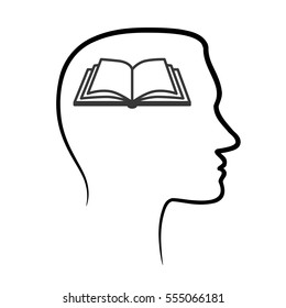 outline design icon with human head, brain and open book. Abstract outline Man head and open book icon. Face profile view