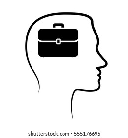 outline design icon with human head, brain and portfolio briefcase. Abstract outline Man head and portfolio briefcase icon. Face profile view