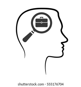 outline design icon with human head, brain and magnifying glass with flat portfolio briefcase. Abstract outline Man head and magnifying glass with flat case study icon. Face profile view