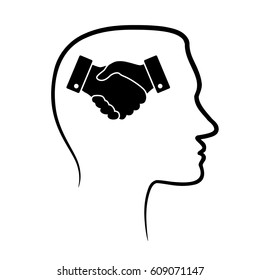 outline design icon with human head, brain and black handshake. Abstract outline Man head and linear handshake icon. Face profile view