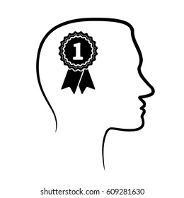 outline design icon with human head, brain and first place award badge. Abstract outline Man head and first place award badge. Face profile view