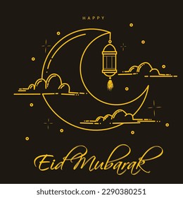 Outline design illustration of moon, lantern, cloud, and Happy Eid Mubarak typography in gold color