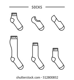 Outline design monochrome socks set vector illustration. Selection of various socks background isolated. Textile warm clothes socks pair cute decoration wool winter clothing. Sport season collection