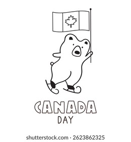 Estrutura de tópicos. Urso de patinação com bandeira do Canadá. Dia do Canadá. Ilustração desenhada à mão sobre fundo branco.