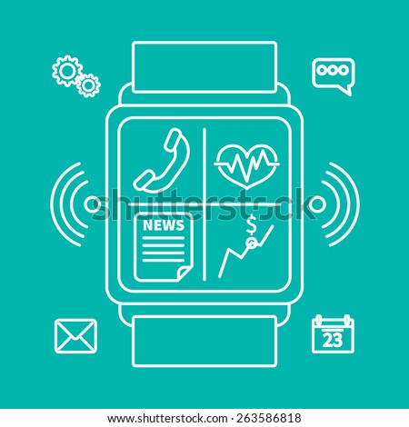 Outline design style modern vector illustration concept of smart watch gadget, personal digital device with mobile apps like phone calls, sms texting, music media player, calendar and time management.