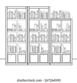 Outline design vector illustration of flat bookcase full of different books