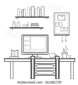 outline design vector illustration of modern creative office or home workspace, workplace with computer.