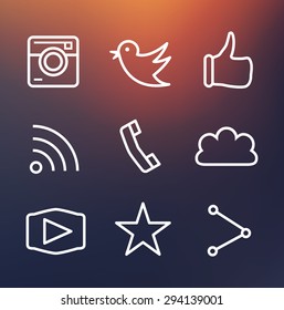 Outline designs of camera, like, bird, phone, website, share. Represents approval, vote, saying yes, recommendation, appreciation.