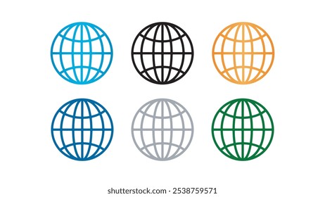 Outline designs of a globe, symbolizing website addresses and internet connectivity. Professional vector illustrations included. Globe icon representing the World Wide Web (WWW), a universal symbol