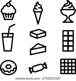 Umreißen Sie Dessert-Vektorsymbole, die mit einfachen Linien und einem modernen Look gestaltet wurden.