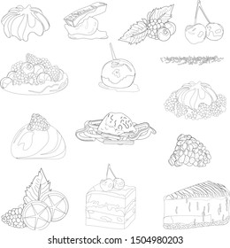 Outline desserts. Set of isolated elements on a white background. Black and white vector sweets for menu decoration. Cream, raspberries and blackberries, chocolate, fruits, marshmallows, jellies.