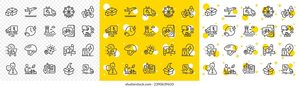 Outline Destination flag, Lighthouse and Ferris wheel line icons pack for web with Warning, Eco bike, Delivery discount line icon. Bicycle helmet, Packing boxes. Yellow design with 3d stars. Vector