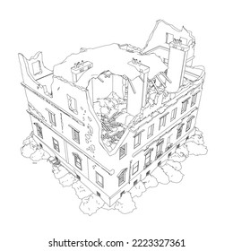 The outline of the destroyed building from black lines isolated on a white background. Isometric view. 3D. Vector illustration.