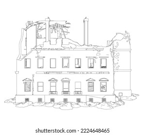 El contorno del edificio destruido a partir de líneas negras aislado en un fondo blanco. Vista frontal. 3 D. Ilustración vectorial.