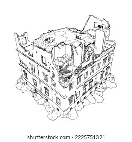 The outline of the destroyed building from black lines isolated on a white background. Isometric view. 3D. Vector illustration.