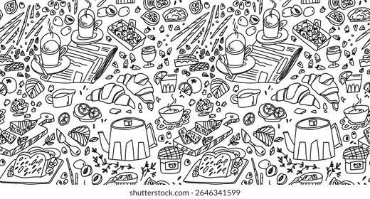 Outline detailed coloring page with french breakfast in doodle style, serving on white background