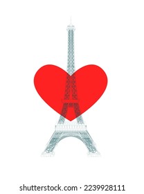 Outline of a detailed Eiffel Tower with a red heart in the middle. Illustration showing love for paris. Front view. Vector illustration.