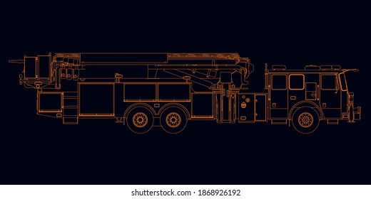 Outline of a detailed fire engine from orange lines on a dark background. Side view. Vector illustration