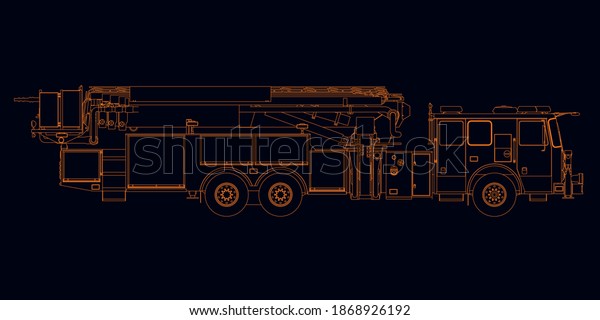 Outline of a detailed fire\
engine from orange lines on a dark background. Side view. Vector\
illustration