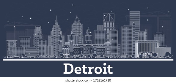 Outline Detroit Michigan City Skyline with White Buildings. Vector Illustration. Business Travel and Concept with Historic Architecture. Detroit Cityscape with Landmarks.