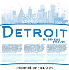 Outline Detroit Skyline with Blue Buildings and Copy Space. Vector Illustration. Business Travel and Tourism Concept with Modern Architecture. Image for Presentation Banner Placard and Web Site.