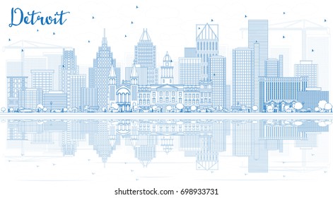 Outline Detroit Skyline with Blue Buildings and Reflections. Vector Illustration. Business Travel and Tourism Concept with Modern Architecture.