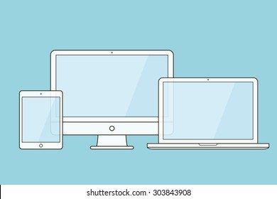 Zusammenfassende Gerätemockups. Computermonitor, Computer, Laptop, Tablet .  Vektorgrafik.