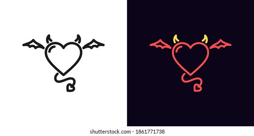 Contorno al corazón del diablo, icono con trazo editable. Corazón de demonio lineal con alas, cola y cuernos. El amor malvado volador. El amor de pasión demoníaco en el infierno. Icono del vector, signo, símbolo para la interfaz de usuario y animación