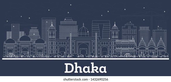 Outline Dhaka Bangladesh City Skyline With White Buildings. Vector Illustration. Business Travel And Tourism Concept With Historic Architecture. Dhaka Cityscape With Landmarks. 