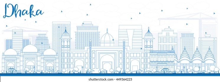 Outline Dhaka Skyline With Blue Buildings. Vector Illustration. Business Travel And Tourism Concept With Historic Buildings. Image For Presentation Banner Placard And Web Site.