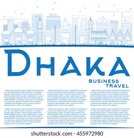 Outline Dhaka Skyline with Blue Buildings and Copy Space. Vector Illustration. Business Travel and Tourism Concept with Historic Buildings. Image for Presentation Banner Placard and Web Site.