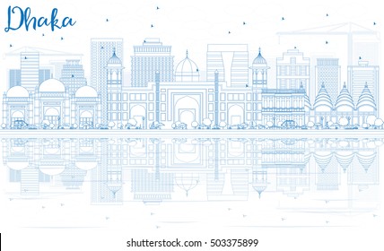 Outline Dhaka Skyline with Blue Buildings and Reflections. Vector Illustration. Business Travel and Tourism Concept with Historic Architecture. Image for Presentation Banner Placard and Web Site.