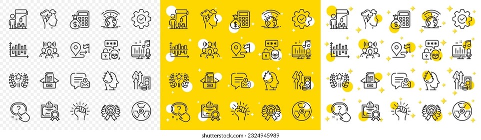 Outline Diagram chart, Stress and Inflation line icons pack for web with Painter, Journey, Team work line icon. Ranking, Podcast, Winner ribbon pictogram icon. Documents box. Vector