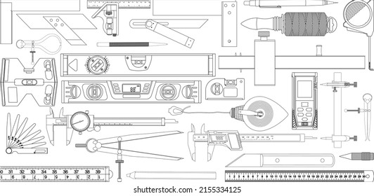 Outline diagram of Measuring and Marking tools set isolated vectors on white background. Consists of Marking Tools, Calipers, Dividers, Measuring Tools, Squares, Levels, and Bevels.