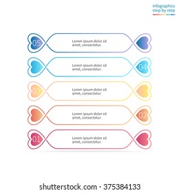Outline diagram, menu, interface with 5 steps, options, parts, processes. Menu with hearts. Can be used for workflow layout, number options, web design, infographics.