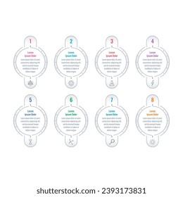 outline dials informational template. eight options infographic template. annual report, web, education, internet, magazine infographic template