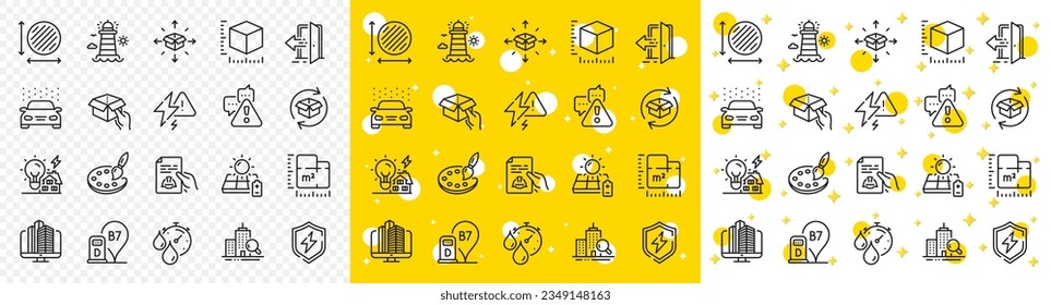 Outline Diesel station, Package size and Building energy line icons pack for web with Enterprise, Warning, Parcel delivery line icon. Palette, Lightning bolt, Power safety pictogram icon. Vector