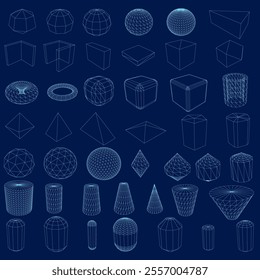Outline of different geometric shapes in wireframe style. 3D. Vector illustration