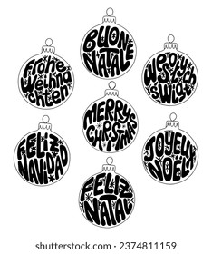 Outline different languages psychedelic Christmas lettering. Hand drawn slogan Merry Christmas in French, Germany, Spanish, Italian, Polish, Portuguese. Typographic flat isolated print design