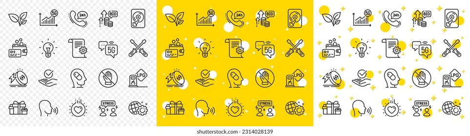 Outline Difficult stress, Screwdriverl and Card line icons pack for web with Approved, Hdd, Human sing line icon. Gas station, Love, Holiday presents pictogram icon. Energy price, Idea. Vector