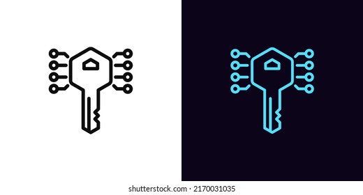 Outline digital key icon, with editable stroke. Electronic key silhouette, private access pictogram. Encrypted key and information, digital pass, crypto and cyber security. Vector icon for Animation