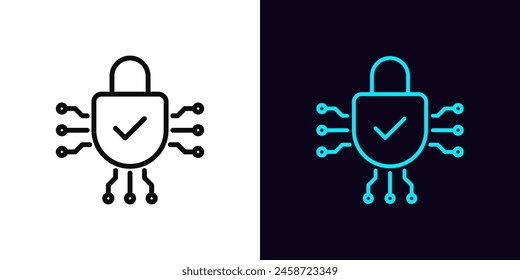 Outline digital lock icon, with editable stroke. Digital lock with tick sign. Reliable cyber security, digital data protection, safety policy, secure service, cyber guard technology. Vector icon