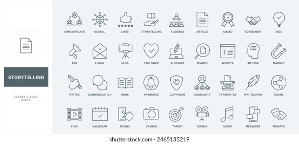 Outline digital marketing and content creator symbols, creative campaign among blog audience, article and typewriter of author. Storytelling thin black and red line icons set vector illustration