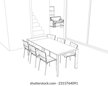 Outline Dining room home interior graphic black white sketch illustration vector. Dining table and chairs in contour art drawing style. Classic style dining room furniture. Vector illustration.
