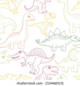 Outline dinosaur background. Vector seamless pattern. Simple illustration of Stegosaurus, Brachiosaurus, Pteranodon, Velociraptor, Tyrannosaurus, Triceratops, Brontosaurus and Spinosaurus.