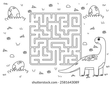 Outline dinosaur maze. Labyrinth to dino. Puzzle and riddle for children. Educational materials for preschoolers. Intellectual games for kids. Prehistoric animals. Linear vector illustration