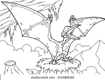 Outline Dinosaur Pterodactyl Illustration Suitable For Any Of Graphic Design Project Such As Coloring Book And Education